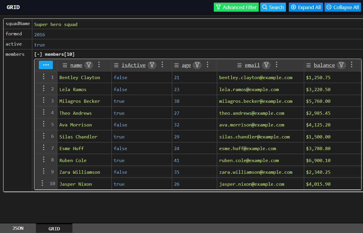 JsonGrid Web Inspector